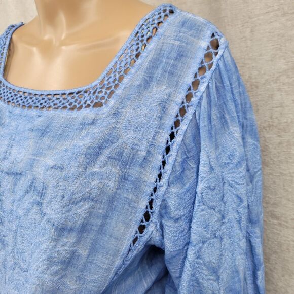 Democracy Bonnet Sleeve Square Crochet Neck Mineral Wash Peplum Woven Top - Picture 5 of 14